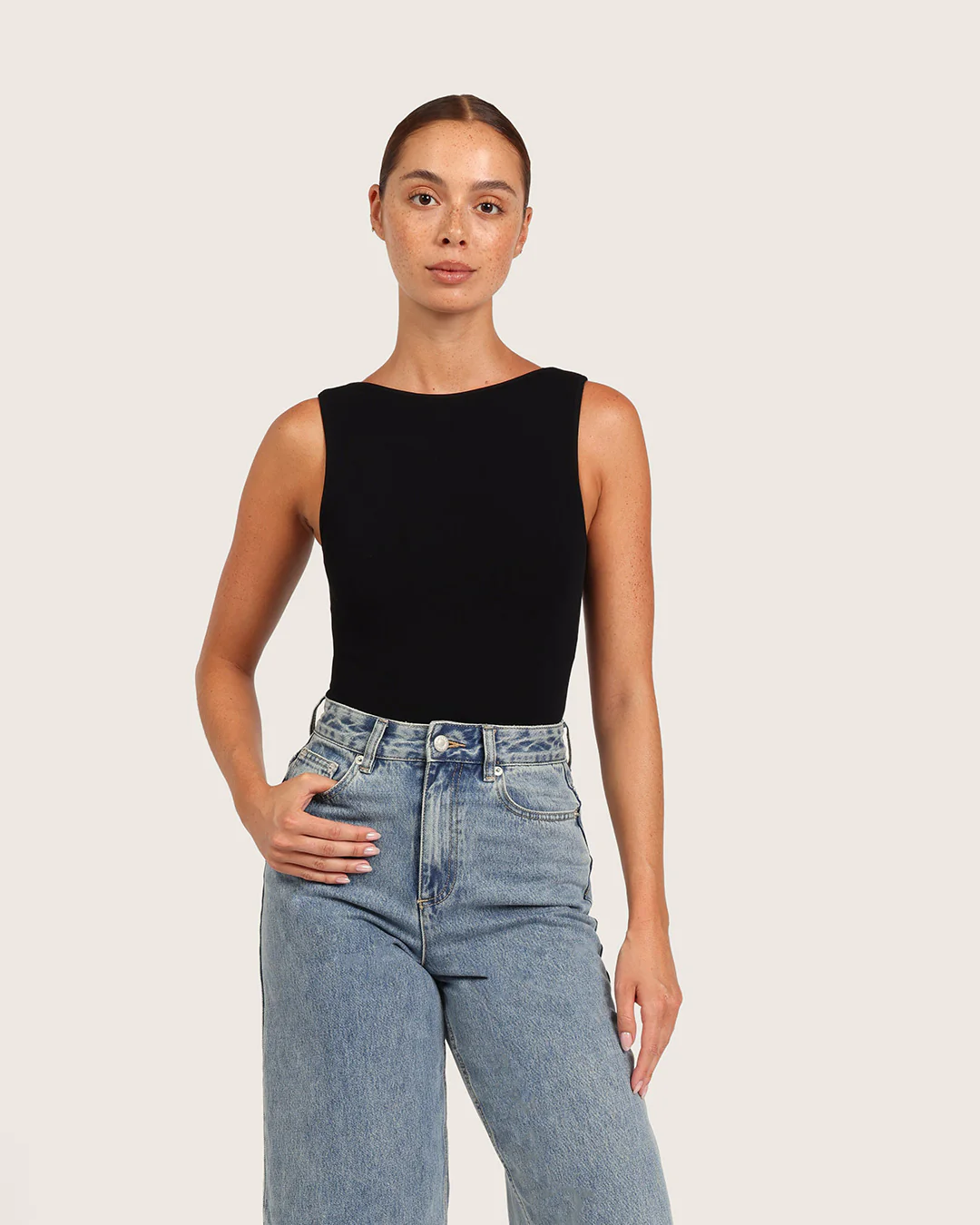 Ribbed Boat Neck Bodysuit - Black - Image 22